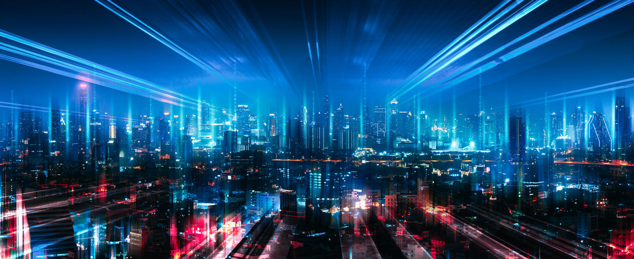 Smart network and Connection technology concept with Bangkok city background at night in Thailand, Panorama view