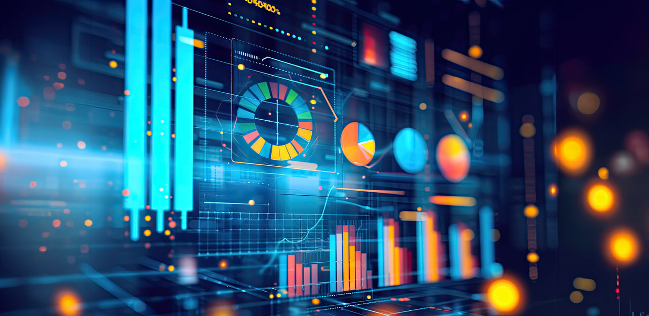 Data analytics with graphs and charts on abstract background with copy space