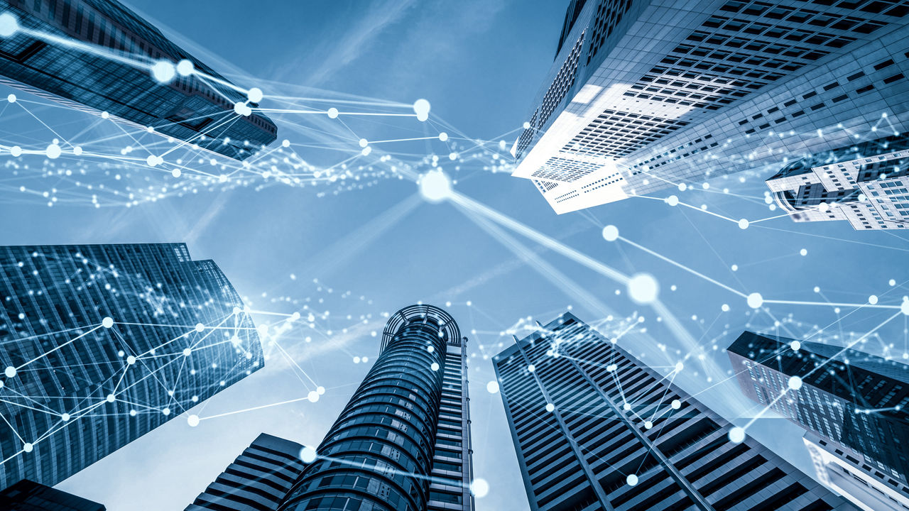 Imaginative visual of smart digital city with globalization abstract graphic showing connection network . Concept of future 5G smart wireless digital city and social media networking systems .