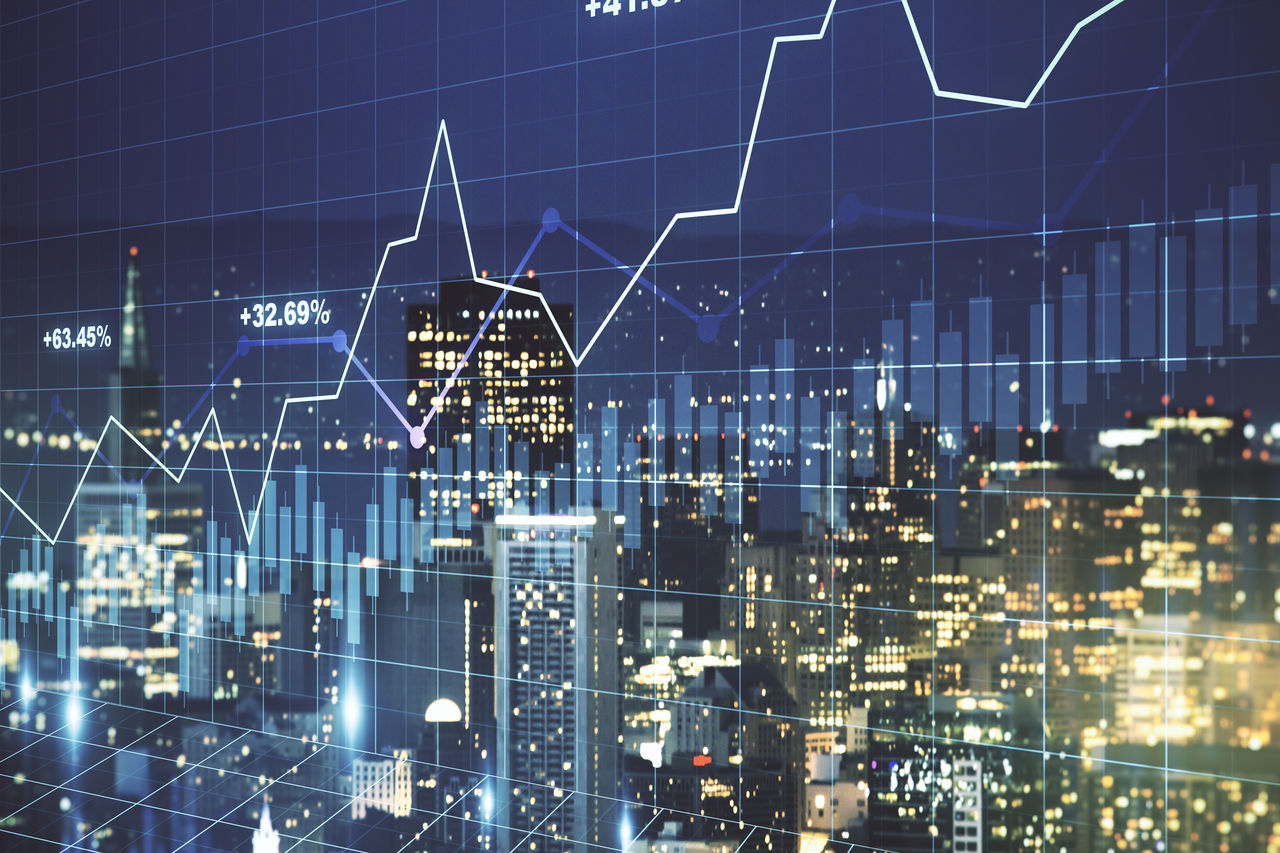 Multi exposure of abstract virtual financial graph hologram on San Francisco skyline background, forex and investment concept